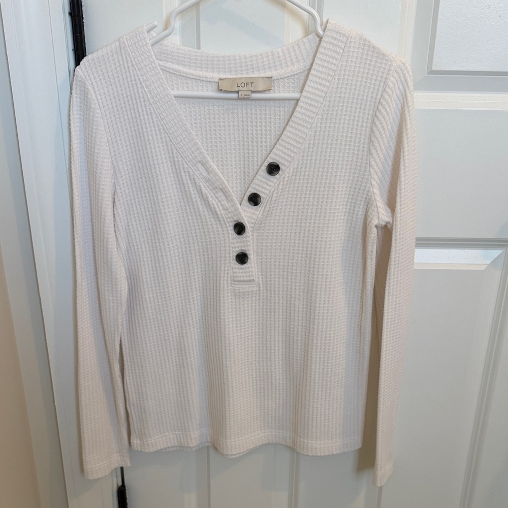 LOFT Cream Waffle Knit Buttoned Top